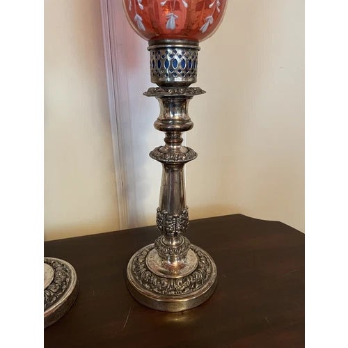 Pair of Antique Silver Plate Candle Holders With Red Glass Mary Gregory Hurricanes For Sale - Image 4 of 12