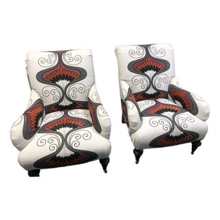 Pair of Furniture Land South Custom Made Chairs in Fabric by Quadrille Possibly Baker or Drexel For Sale