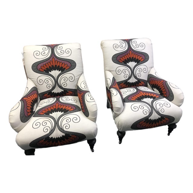 Pair of Furniture Land South Custom Made Chairs in Fabric by Quadrille Possibly Baker or Drexel For Sale