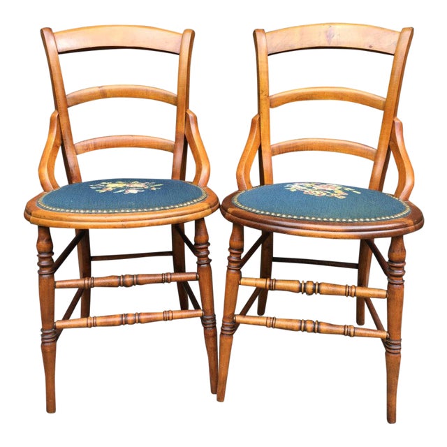 Needlepoint Seat Wooden Chairs Set of 2 Chairish