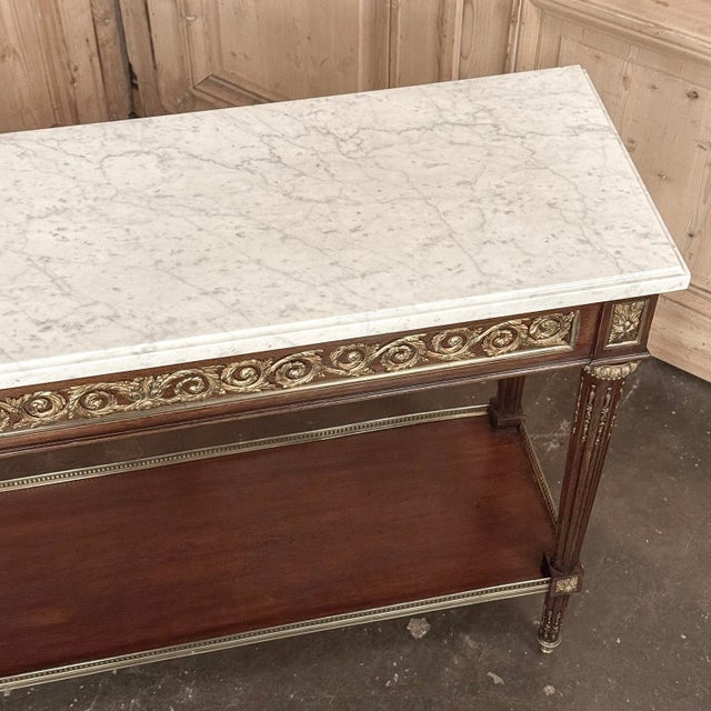 Antique French Louis XVI Mahogany Console Sofa Table With Carrara Marble For Sale - Image 17 of 18
