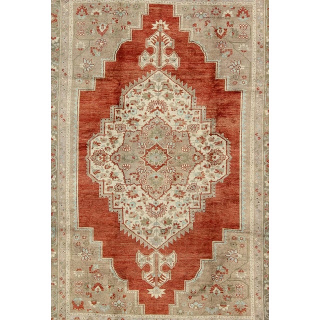 Mid 20th Century Mid 20th Century Turkish Oushak Rug in Orange Red, Light Green, Warm Taupe and Cream Colors For Sale - Image 5 of 10