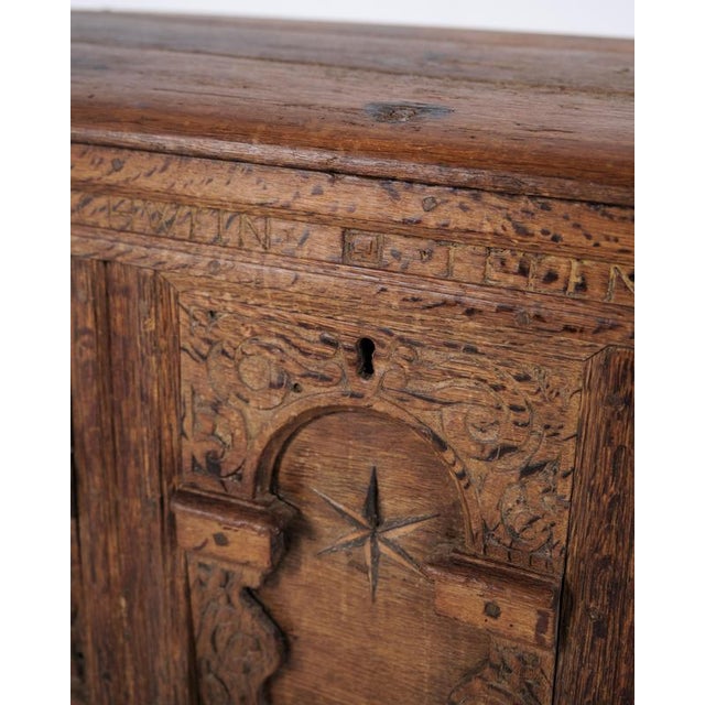 Brown Chest in Oak with Carved Details and Fruitwood Inlays, 1860s For Sale - Image 8 of 14
