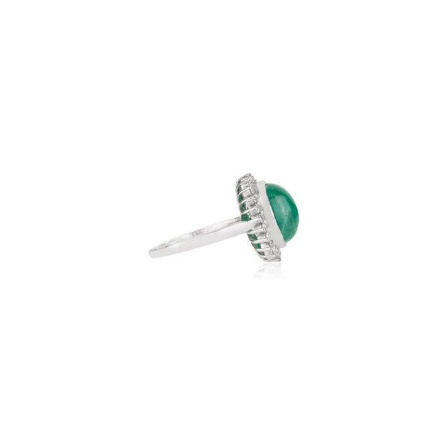 Art Deco Vintage Inspired Oval Cabochon Emerald Ring With Diamond Halo in Silver - Size 8 For Sale - Image 3 of 12
