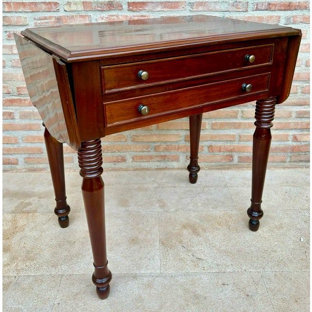 Traditional Wood Drop-Leaf Side Table With Two Drawers, 1930s For Sale - Image 3 of 15