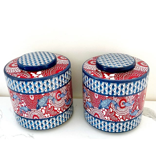 Vintage Modern Asian Chinoiserie Large Ginger Jars, Koi Fish Pattern, Designed by Jean Dange Paris, a Pair For Sale - Image 10 of 12