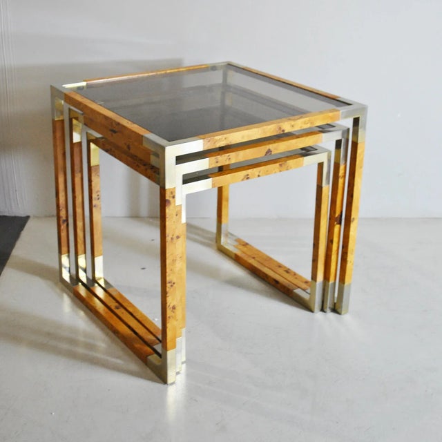 Tommaso Barbi Veneered Wood & Smoked Glass Nesting Tables, 1960s, Set of 3 For Sale - Image 4 of 9