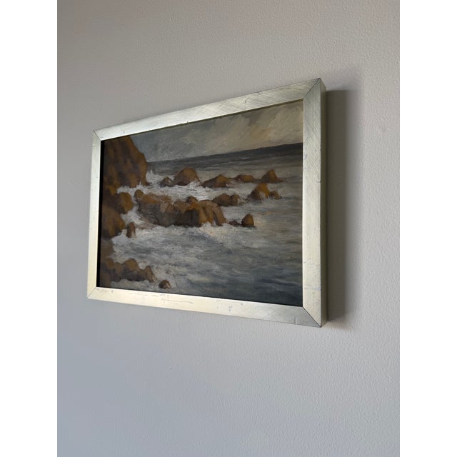2000 - 2009 Modern Coastal Ocean Landscape Oil on Board Painting, Silver Wood Frame For Sale - Image 5 of 12