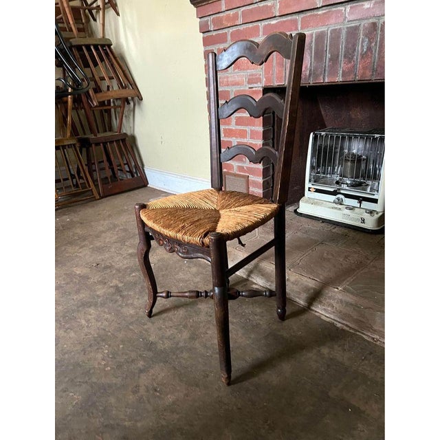 19th Century Pair of Antique French Provincial Style Oak Rush Seat Side Chairs For Sale - Image 4 of 10