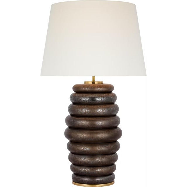 Transitional Kelly Wearstler by Visual Comfort Signature Phoebe Extra Large Stacked Table Lamp in Crystal Bronze with Linen Shade For Sale - Image 3 of 3