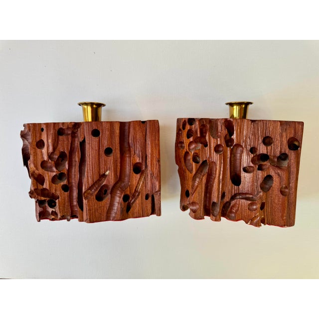 Mid-Century Organic Modern Insect-Eaten Wood Candleholders, Brass Cups, Pair For Sale - Image 6 of 13