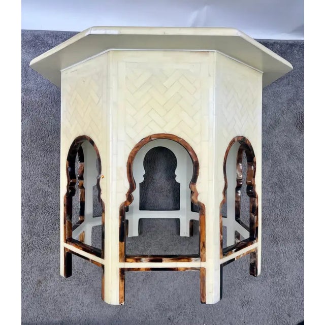 1990s Moroccan Style Off -White Bone Inlay Octagonal Side Table With Moorish Arches For Sale In New York - Image 6 of 12