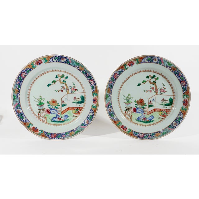 18th-Century Chinese Export Porcelain Famille Rose ‘Garden’ Dishes - a Pair For Sale - Image 18 of 18