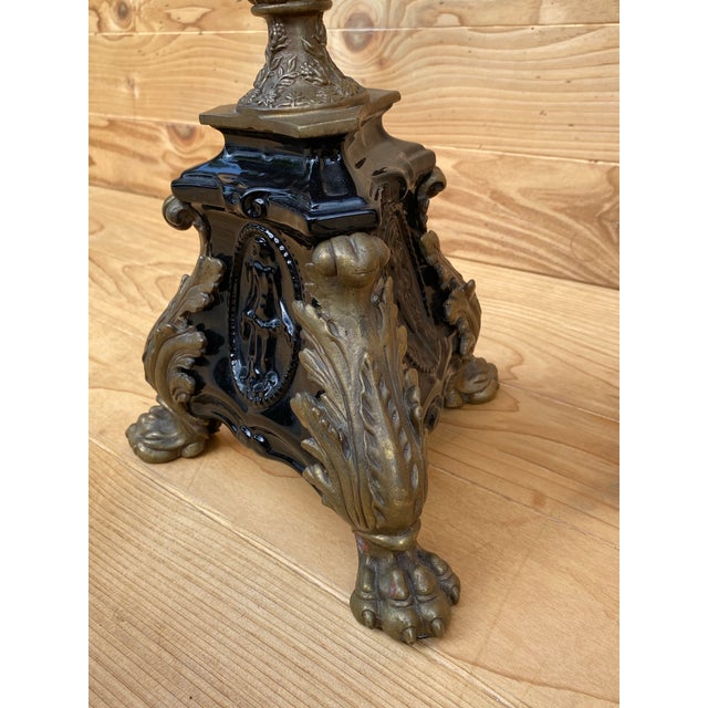 Black Vintage French Neogothic Altar Torchère Candlestick Set With Black Porcelain- Set of 2 For Sale - Image 8 of 8