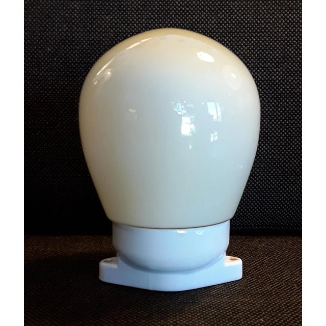Vintage Mid-Century Egg Shaped White Porcelain Mount and Cream-Colored Opaque Glass Umbrella Ceiling Lamp, 1950s, in Very...