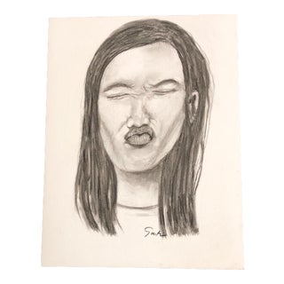 "Pucker Face" Contemporary Charcoal Portrait Drawing by Nancy Smith For Sale