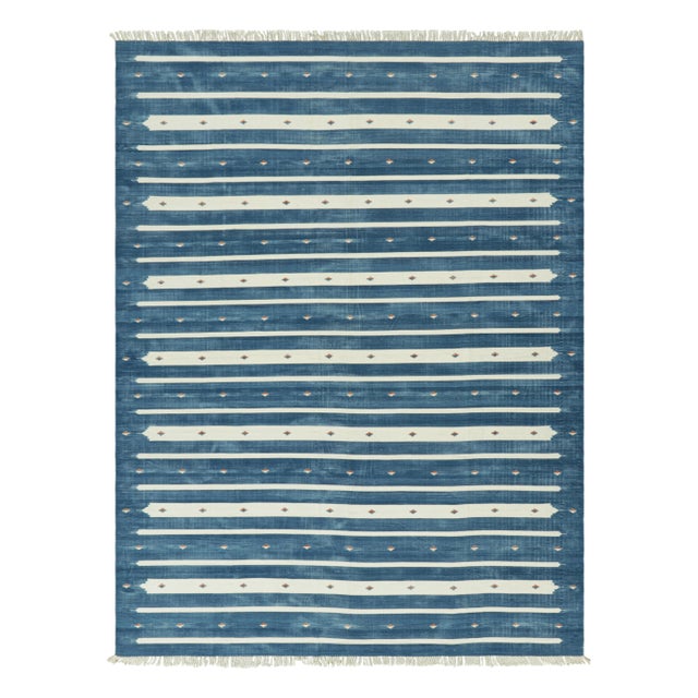 Blue Rug & Kilim's Contemporary Dhurrie Rug in Blue with White Stripes - 8x10 For Sale - Image 8 of 8