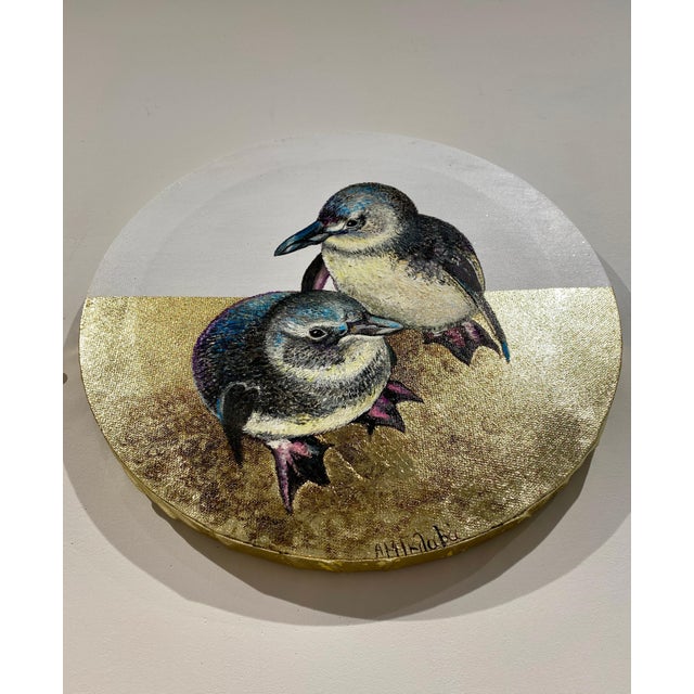 Anastasia Gklava, Baby Penguins, Oil Painting with Gold Leaf on Round Canvas, 2025 For Sale - Image 17 of 18