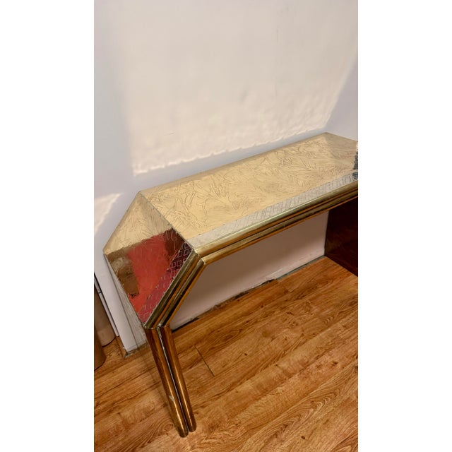 Rodolfo Dubarry Signed Console Table Handcrafted Brass & Pewter Panels Ooak C. 1970’s For Sale - Image 4 of 12