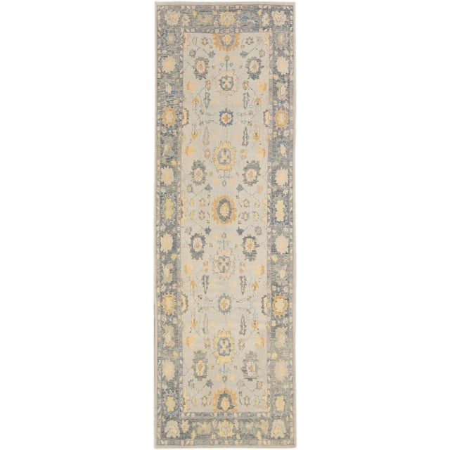Long Modern Gray Turkish Oushak Handmade Floral Gallery Wool Runner For Sale - Image 11 of 11