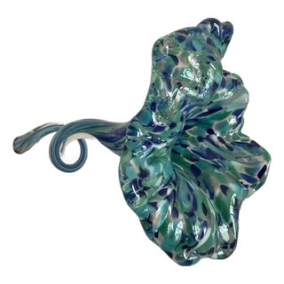 Hand Blown Murano Style Glass Flower Green Blue Confetti Style & Curled Stem For Sale