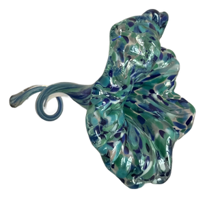 Hand Blown Murano Style Glass Flower Green Blue Confetti Style & Curled Stem