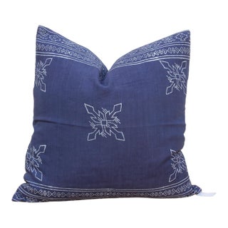 Large 24" Sq Indigo Jaipur Blockprint Linen Pillow Cover For Sale