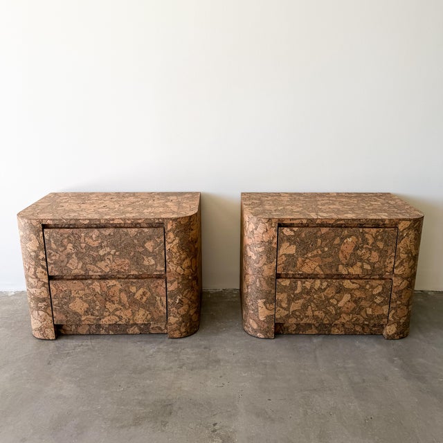 Gabriella Crespi Vintage 1970s Mid Century Modern Pair of Cork Nightstands Burlwood For Sale - Image 4 of 12