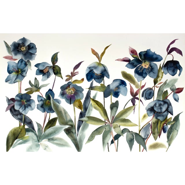 "Hellebores No. 2" Contemporary Original Botanical Garden Flowers Watercolor Painting by Elizabeth Becker For Sale