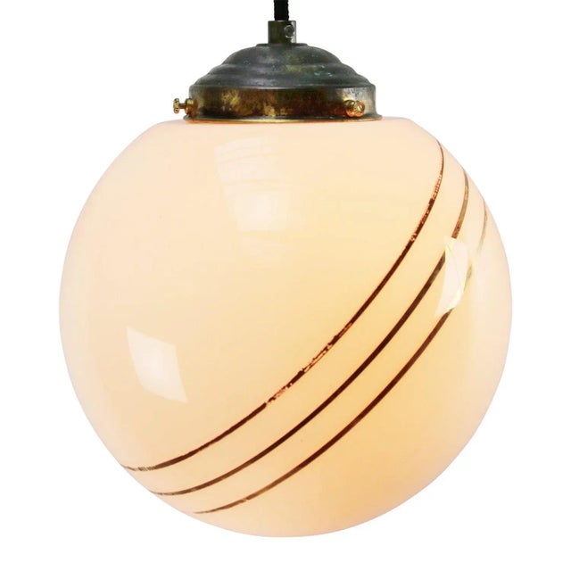 Industrial Vintage European Gold-Striped Opaline Glass Globe Pendant with Brass Top For Sale - Image 3 of 6