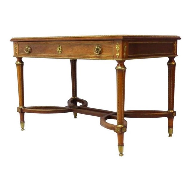 French Louis XVI Style Walnut & Ormolu Marquetry & Inlaid 1-Drawer Library Table C1890 For Sale - Image 3 of 18