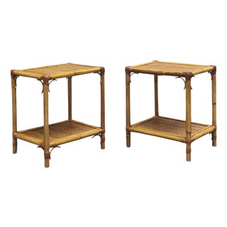 Bamboo and Woven Rattan Side Tables, Italy, 1960s, Set of 2 For Sale