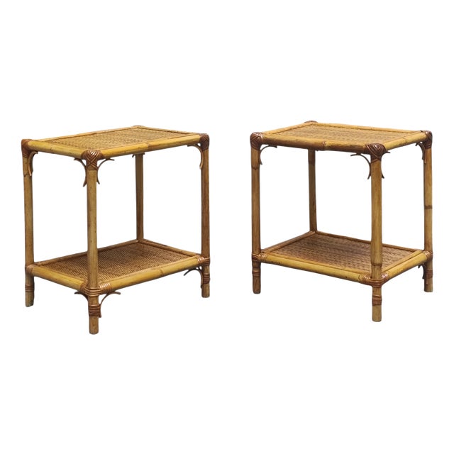 Bamboo and Woven Rattan Side Tables, Italy, 1960s, Set of 2 For Sale