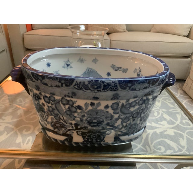 French Country Vintage English Style Blue and White Ironstone Footbath For Sale - Image 3 of 13