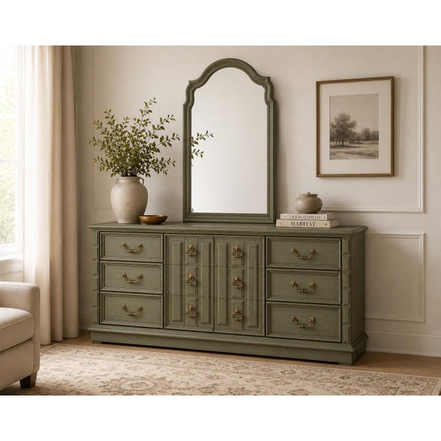 Olive Vintage 70” Solid Wood Dresser & Mirror – Old Chapel Sagewood™ Finish – Olive Sage Green Designer Refinished Bedroom Piece For Sale - Image 8 of 11