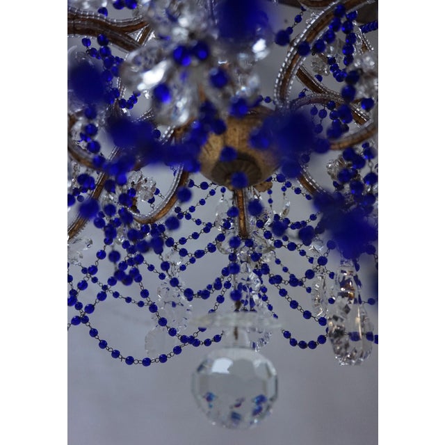 Italian Chandelier with Cobalt Blue Murano Glass Beaded Strings and Crystal Flowers, 1940s For Sale - Image 11 of 18