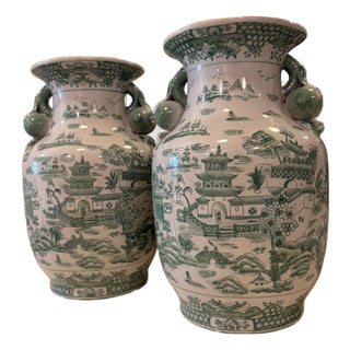 Pair of Decorative Kelly Green Porcelain Vases For Sale