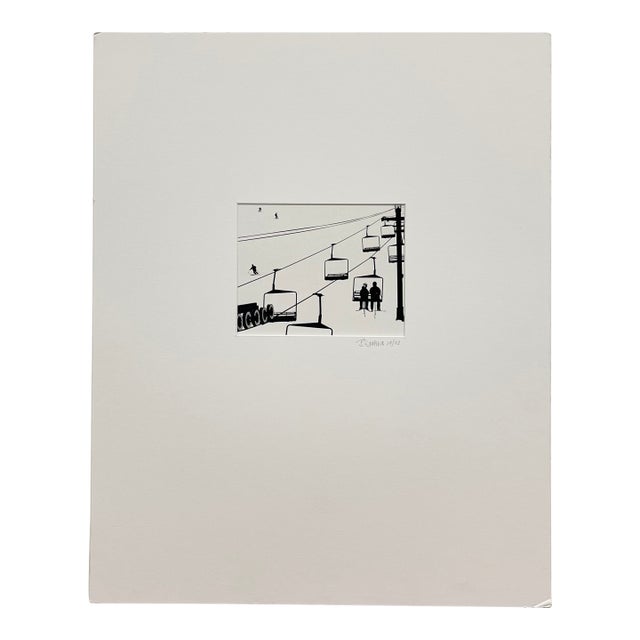 Black and White Ski Lift Signed and Dated 2003 Minimalist Winter Scene Matted Print For Sale