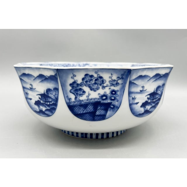 Blue Large Vintage Blue & White Japanese Porcelain Geometric Bowl - Chinoiserie, Traditional, Asian, Grandmillennial For Sale - Image 8 of 14