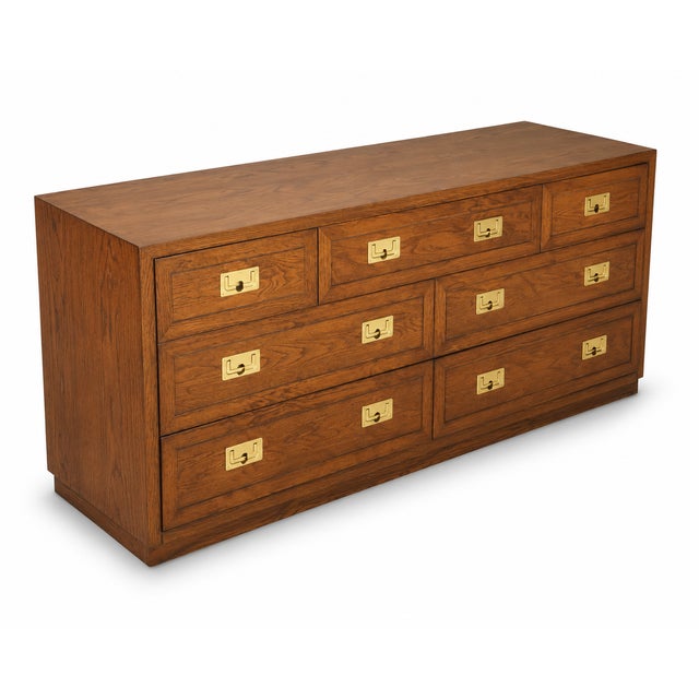 Henredon Campaign Style Triple Dresser / Credenza in Warm Walnut With Brass Hardware For Sale In Tampa - Image 6 of 11