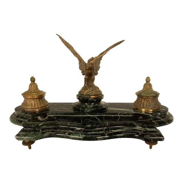 A fine antique 19th century French Empire style gilt bronze & marble double inkwell eagle desk set, circa 1880. This very...