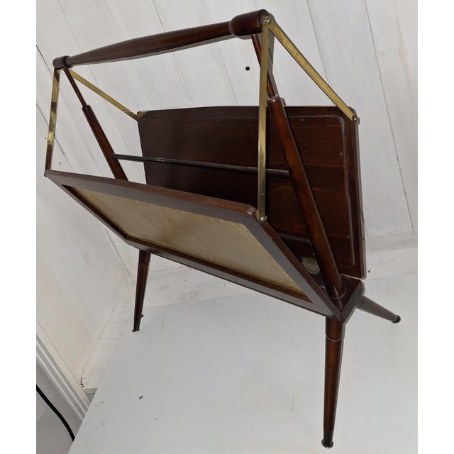 Vintage English Collapsible Newspaper Rack in Mahogany with Brown Gold-Embossed Goatskin Leather, 1970s For Sale - Image 6 of 7
