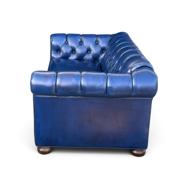 Vintage Chesterfield Navy Blue Tufted Leather Loveseat W/ Brass Trim For Sale - Image 13 of 16