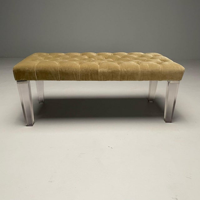Contemporary, Modern Tufted Window Bench, Chrome, Acrylic, Green Velvet, 2010s For Sale - Image 4 of 9