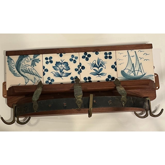 Antique Pot Holder or Coat Rack With 4 Delft Like Blue and White Tiles - Handmade and Mounts on Wall For Sale - Image 13 of 13