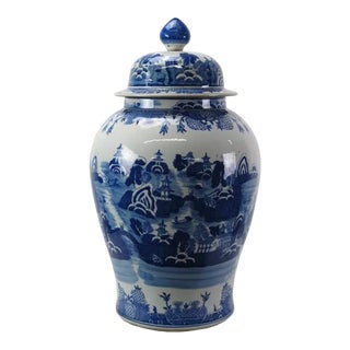 Large Chinese Blue and White Porcelain Ginger Jar With Hand Painted Scenery For Sale
