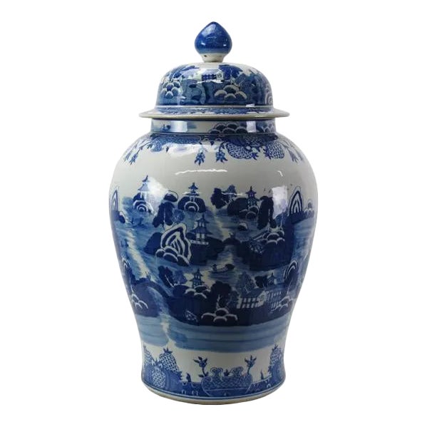 Large Chinese Blue and White Porcelain Ginger Jar With Hand Painted Scenery For Sale