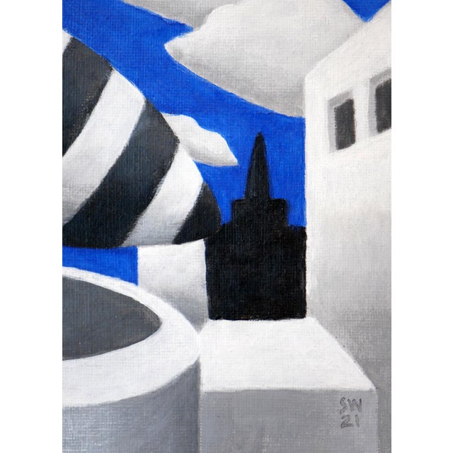 Blue Scott Woodard "Puffy City Night Scape" Blue, White, Gray & Black Contemporary Surreal Painting, 2022 For Sale - Image 8 of 10