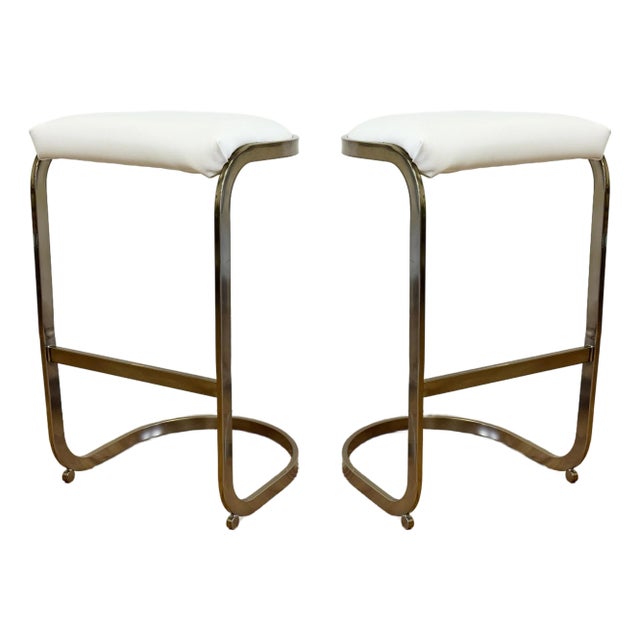 Vintage Brass Cantilever Bar Stools Attr to Milo Baughman, a Pair For Sale