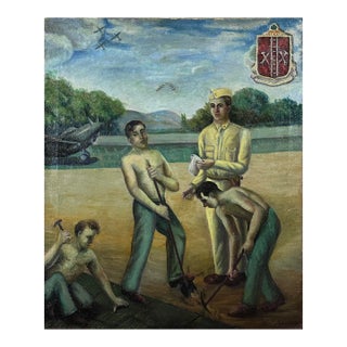 Antique 1940s Ww2 Outsider Art Portrait of Workers in the 21st Engineer Battalion, Signed (Oil on Canvas) For Sale